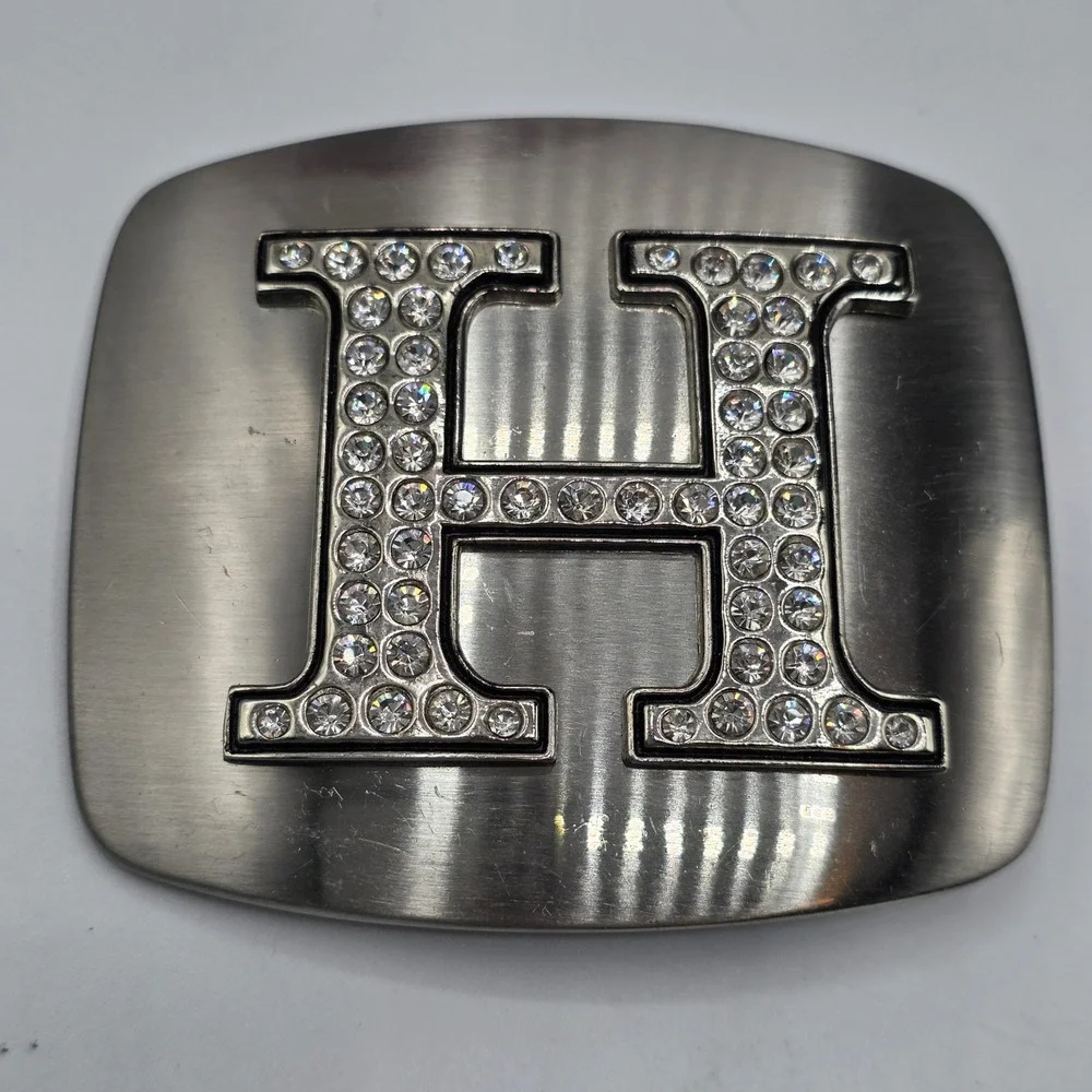 Silver Tone Letter H Rhinestone Initial Belt Buckle Brushed Metal Rectangle